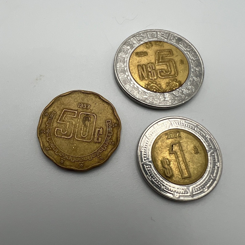 Vintage Mexican Coins Lot of Three 50 cents 1 Peso and 5 Peso 1993 1994 2002